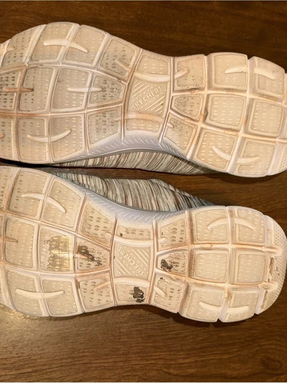 Skechers Women's Slip-On Athletic Sneakers in Beige and White Stripe
